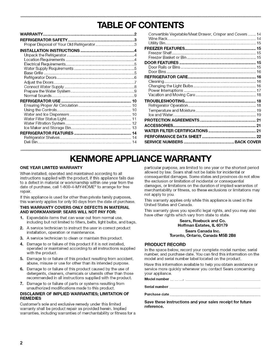 Kenmore WIOI67097A manual Table Of Contents, Kenmore Appliance Warranty, Refrigerator, Freezer, Protection, Performance 