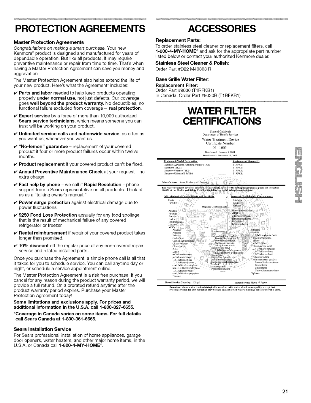 Kenmore WIOI67097A Water Filter, Certifications, Accessories, Master Protection Agreements, Sears Installation Service 