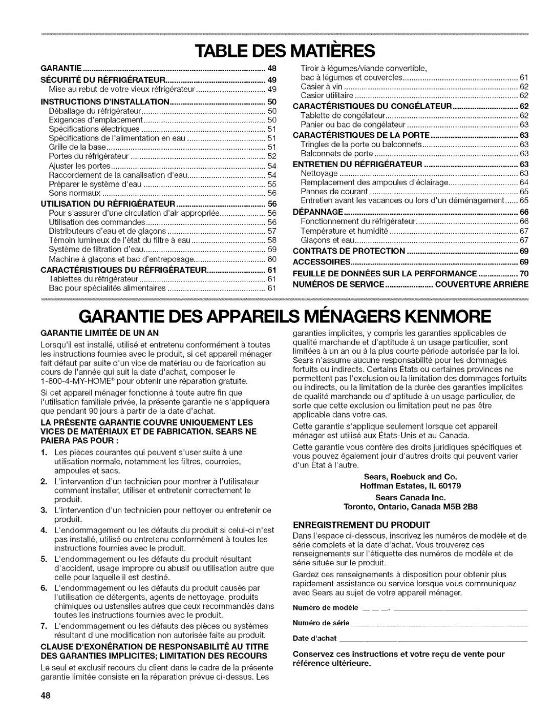 Kenmore WIOI67097A manual Table Des Matii Res, Garantie Des Appareils Mi Nagers Kenmore, Instructions, Caracti-Ristiques 