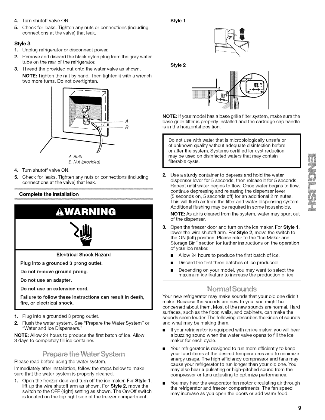 Kenmore WIOI67097A manual A B A.Bulb B.Nut provided, Complete the Installation Electrical Shock Hazard, Style Style 
