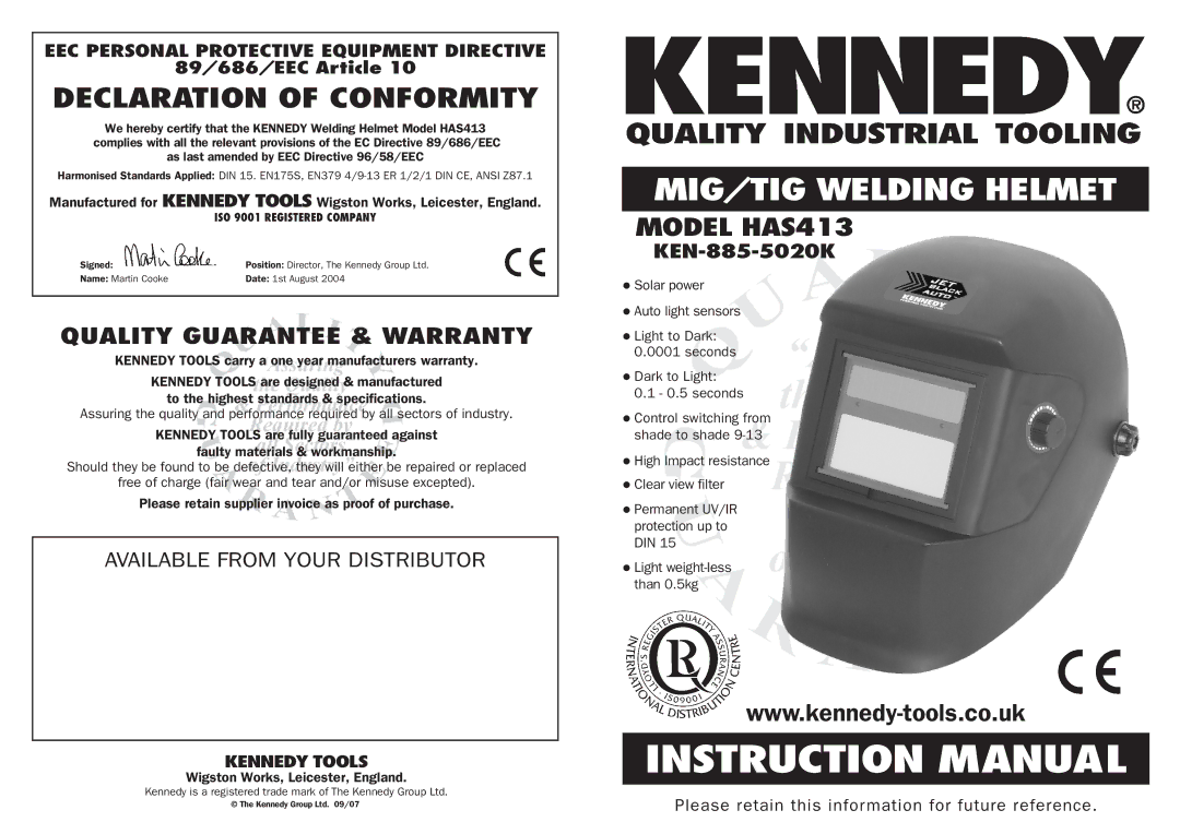 Kennedy HAS413 manual Declaration of Conformity, Quality Guarantee & Warranty 