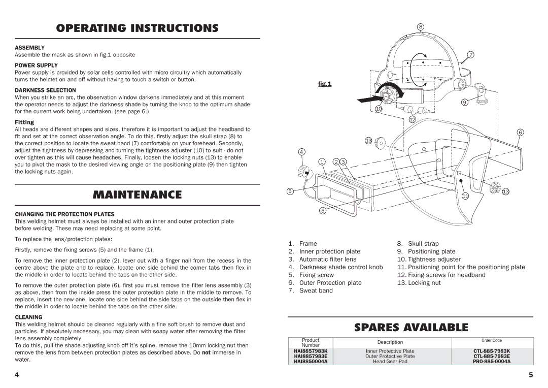 Kennedy HAS413 manual Operating Instructions, Maintenance, Spares Available 