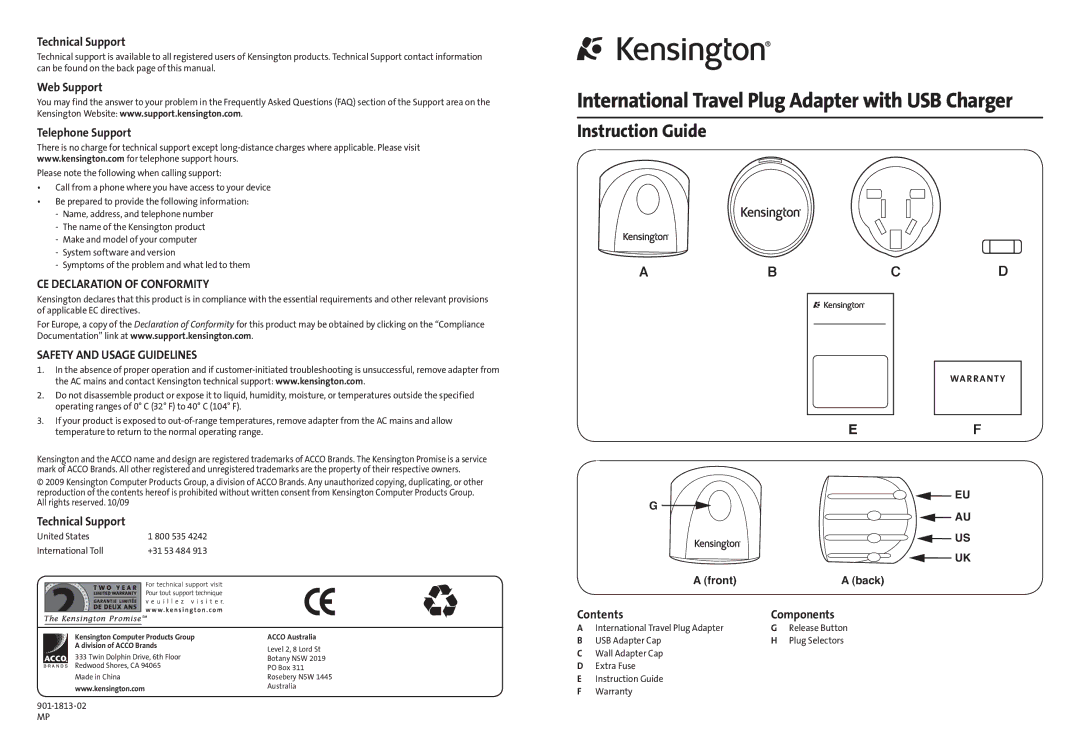 Kensington 220V n 550W warranty Technical Support, Web Support Telephone Support, CE Declaration of Conformity 