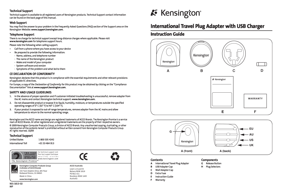 Kensington 220V n 550W warranty Technical Support, Web Support, Telephone Support, Ce Declaration Of Conformity, Contents 