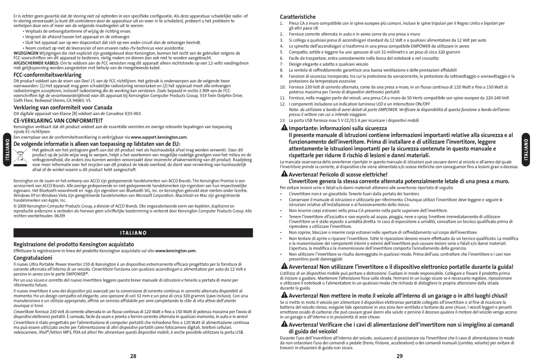 Kensington 150 manual FCC-conformiteitsverklaring, Verklaring van conformiteit voor Canada, CE-VERKLARING VAN Conformiteit 