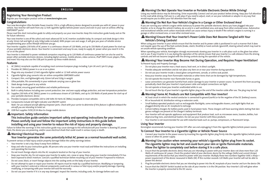 Kensington 150 manual Registering Your Kensington Product Congratulations, Features, Important Safety Information 