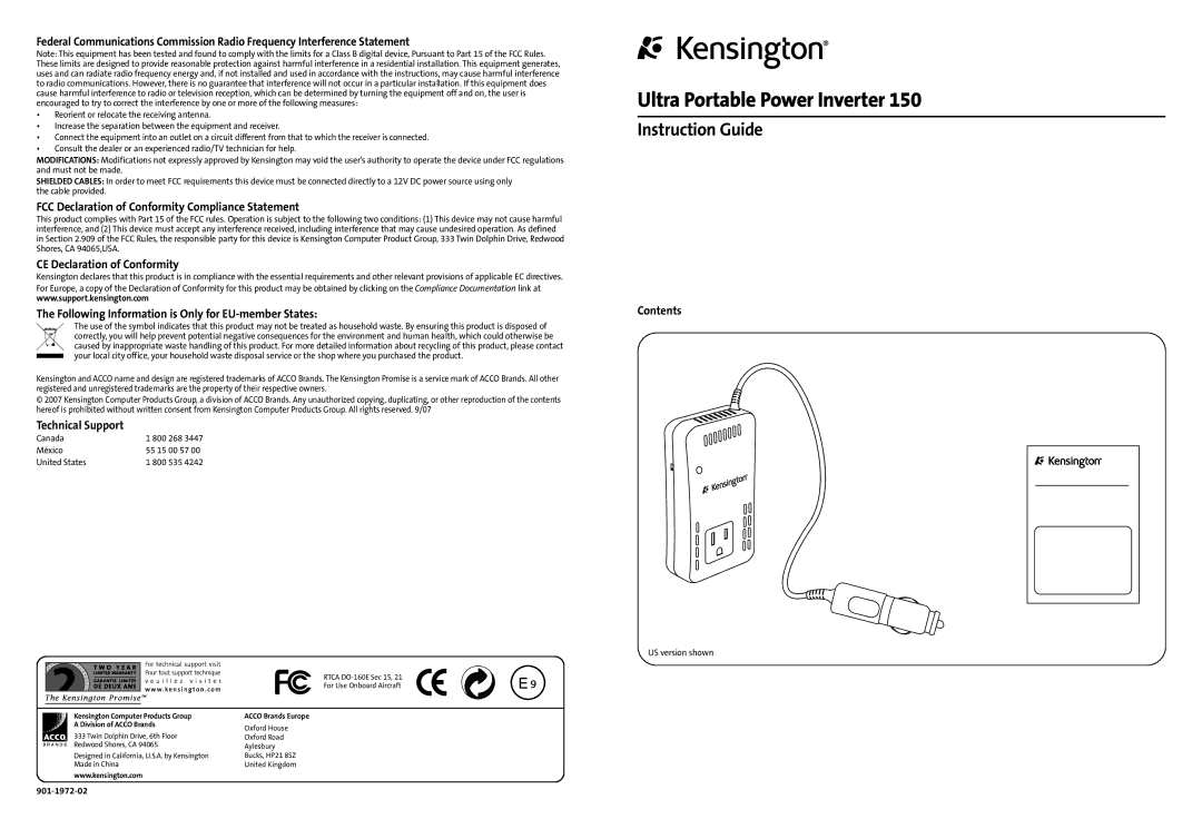 Kensington 150 manual FCC Declaration of Conformity Compliance Statement, CE Declaration of Conformity, Technical Support 