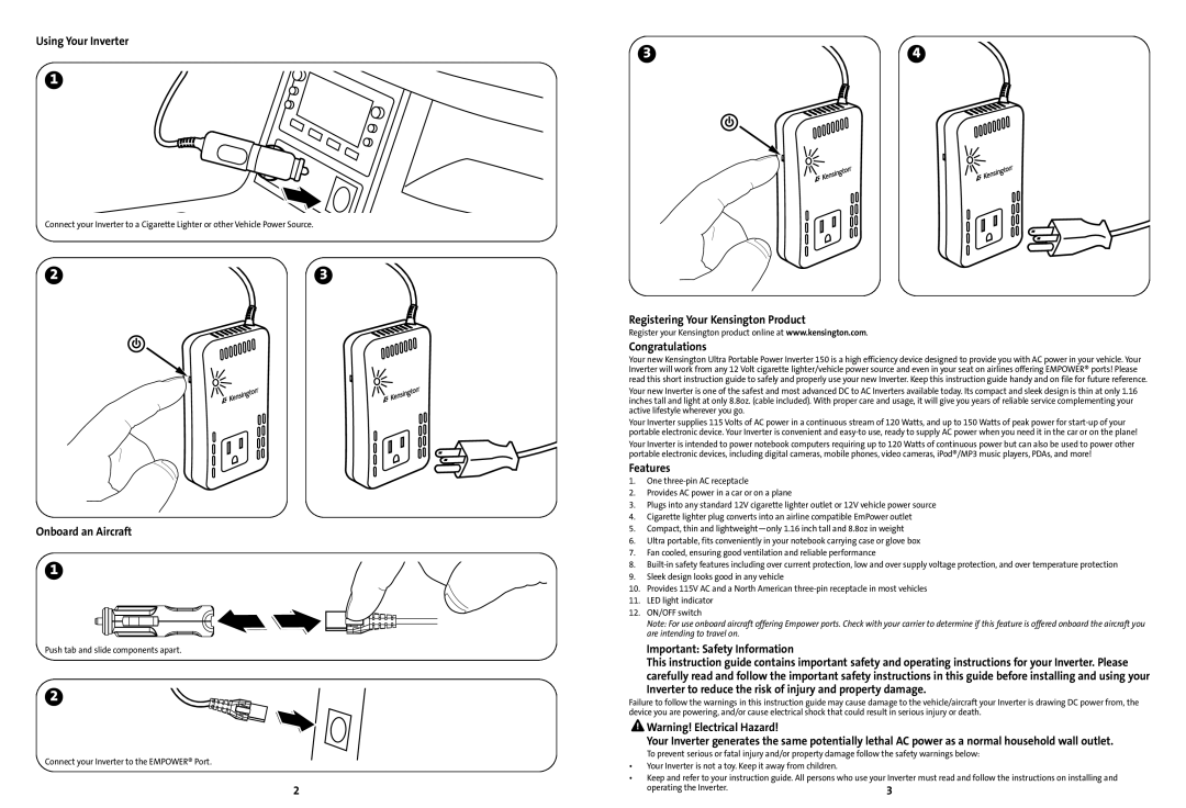 Kensington 150 Using Your Inverter, Onboard an Aircraft, Registering Your Kensington Product Congratulations, Features 