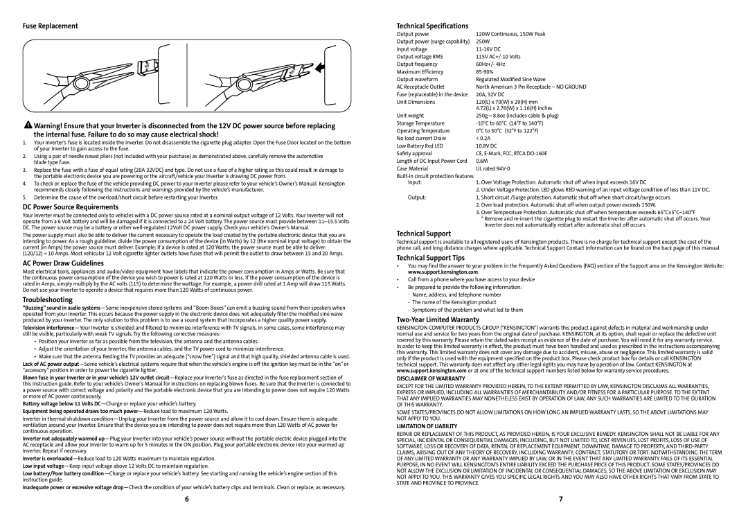 Kensington 150 manual Fuse Replacement, DC Power Source Requirements, AC Power Draw Guidelines, Troubleshooting 