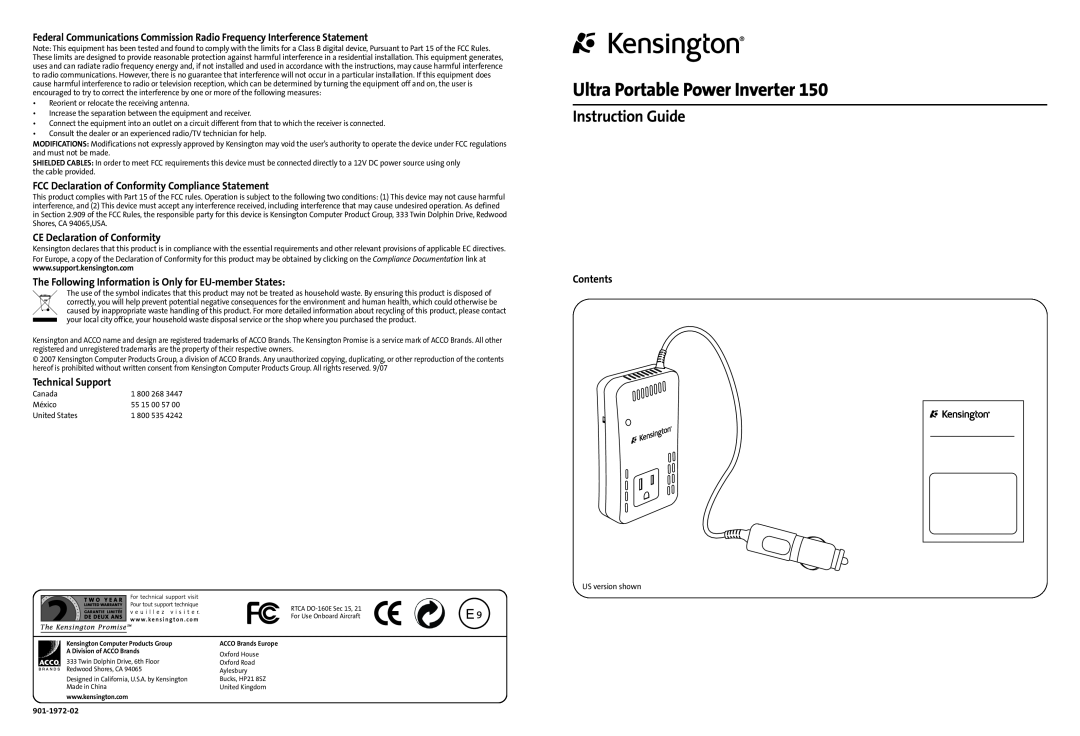 Kensington 150 manual FCC Declaration of Conformity Compliance Statement, CE Declaration of Conformity, Technical Support 
