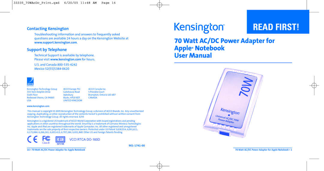 Kensington 33335 user manual Contacting Kensington Support by Telephone 