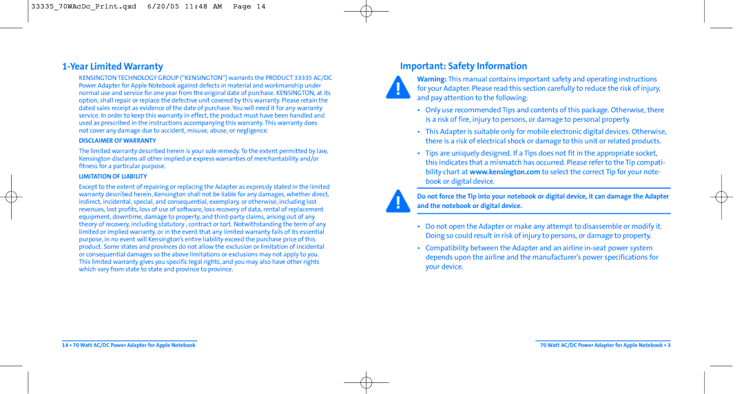 Kensington 33335 user manual Year Limited Warranty, Important Safety Information 