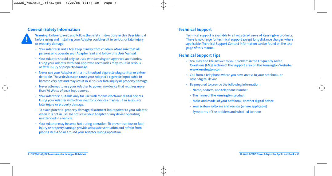 Kensington 33335 user manual General Safety Information, Technical Support Tips 