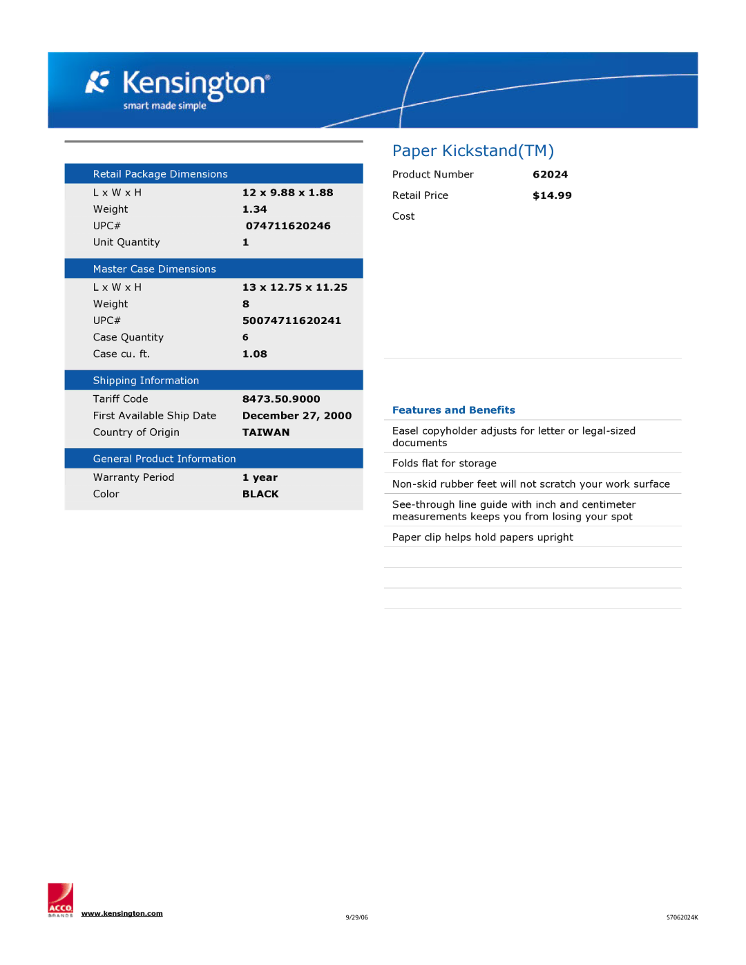 Kensington 62024 dimensions Paper KickstandTM, Features and Benefits 