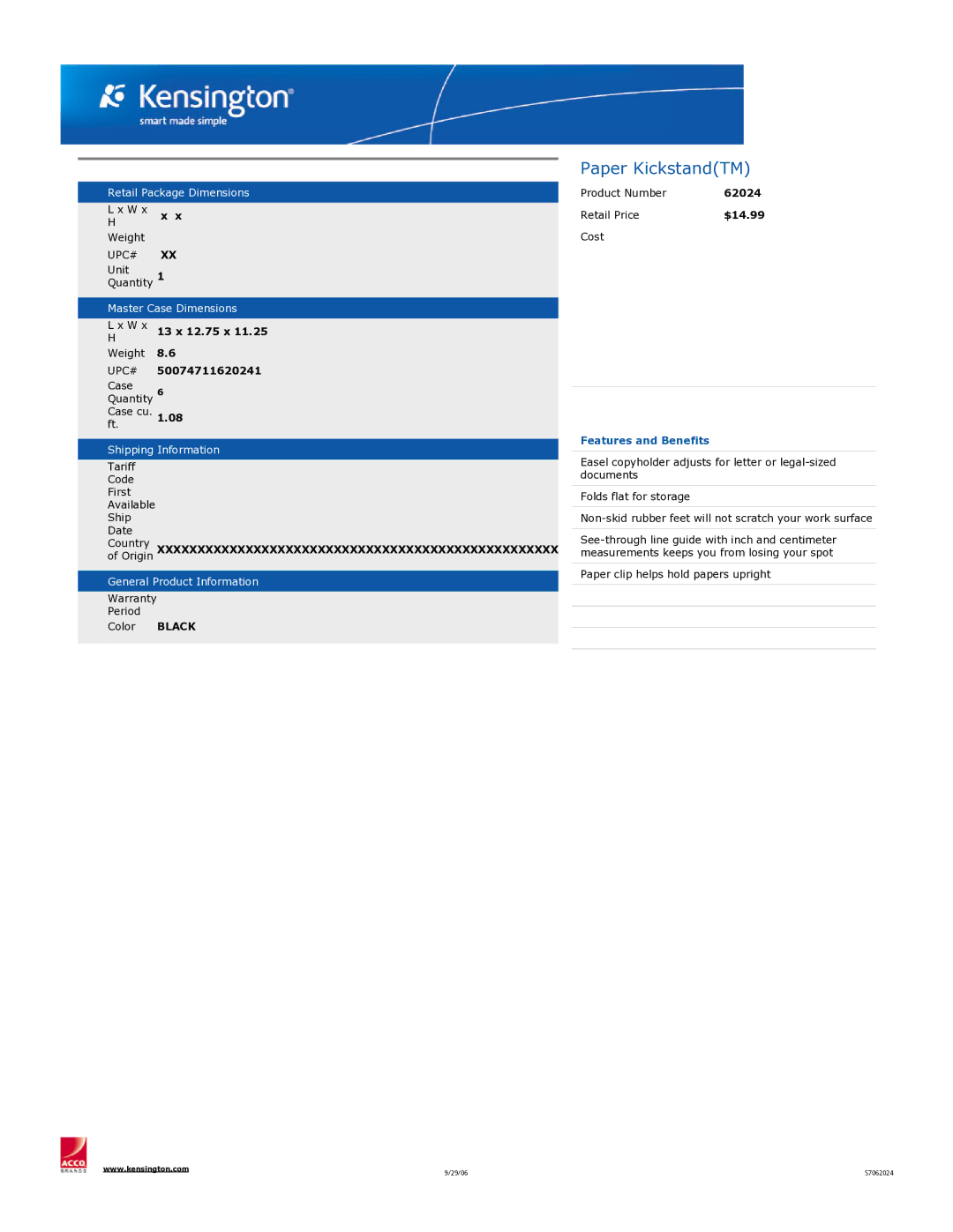 Kensington 62024 dimensions Paper KickstandTM, Features and Benefits 