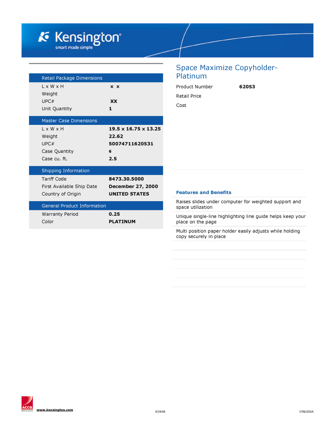 Kensington 62053 dimensions Space Maximize Copyholder- Platinum, Features and Benefits 