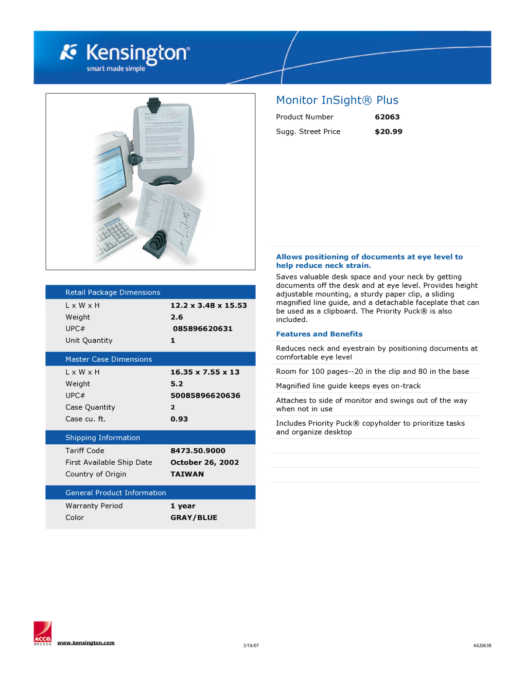 Kensington 62063 dimensions Monitor InSight Plus, Features and Benefits 