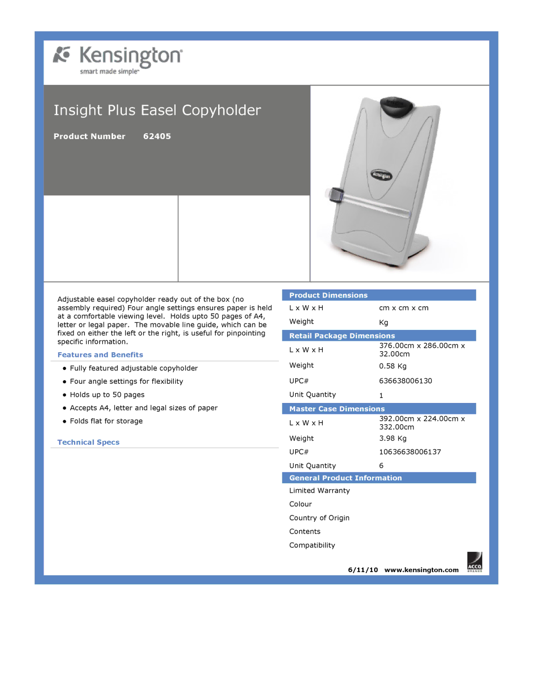 Kensington dimensions Insight Plus Easel Copyholder, Product Number 62405 