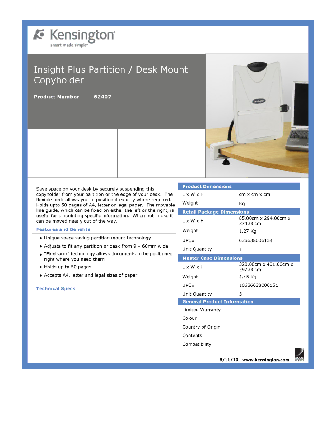 Kensington dimensions Insight Plus Partition / Desk Mount Copyholder, Product Number 62407 