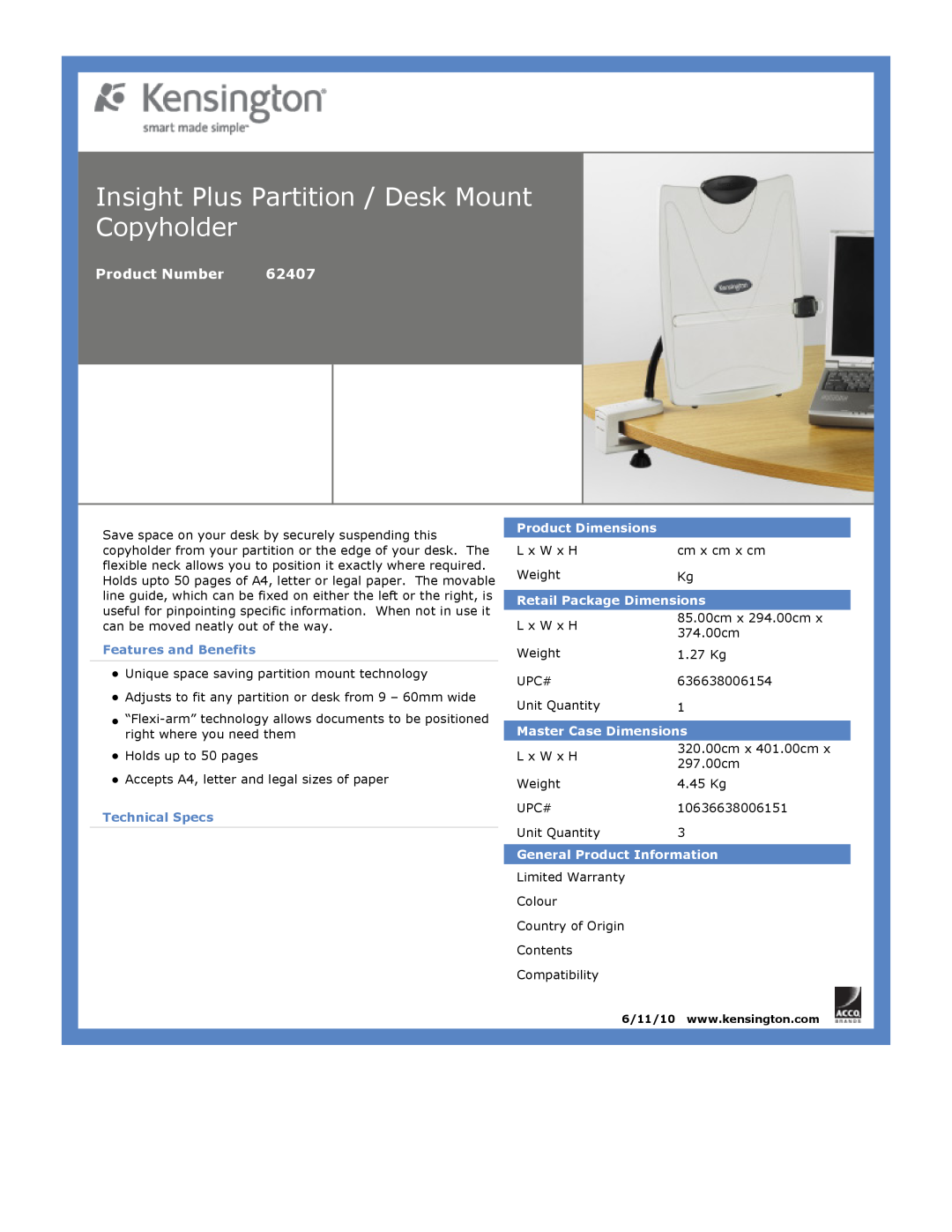 Kensington 62407 dimensions Insight Plus Partition / Desk Mount Copyholder, Product Number, Features and Benefits 