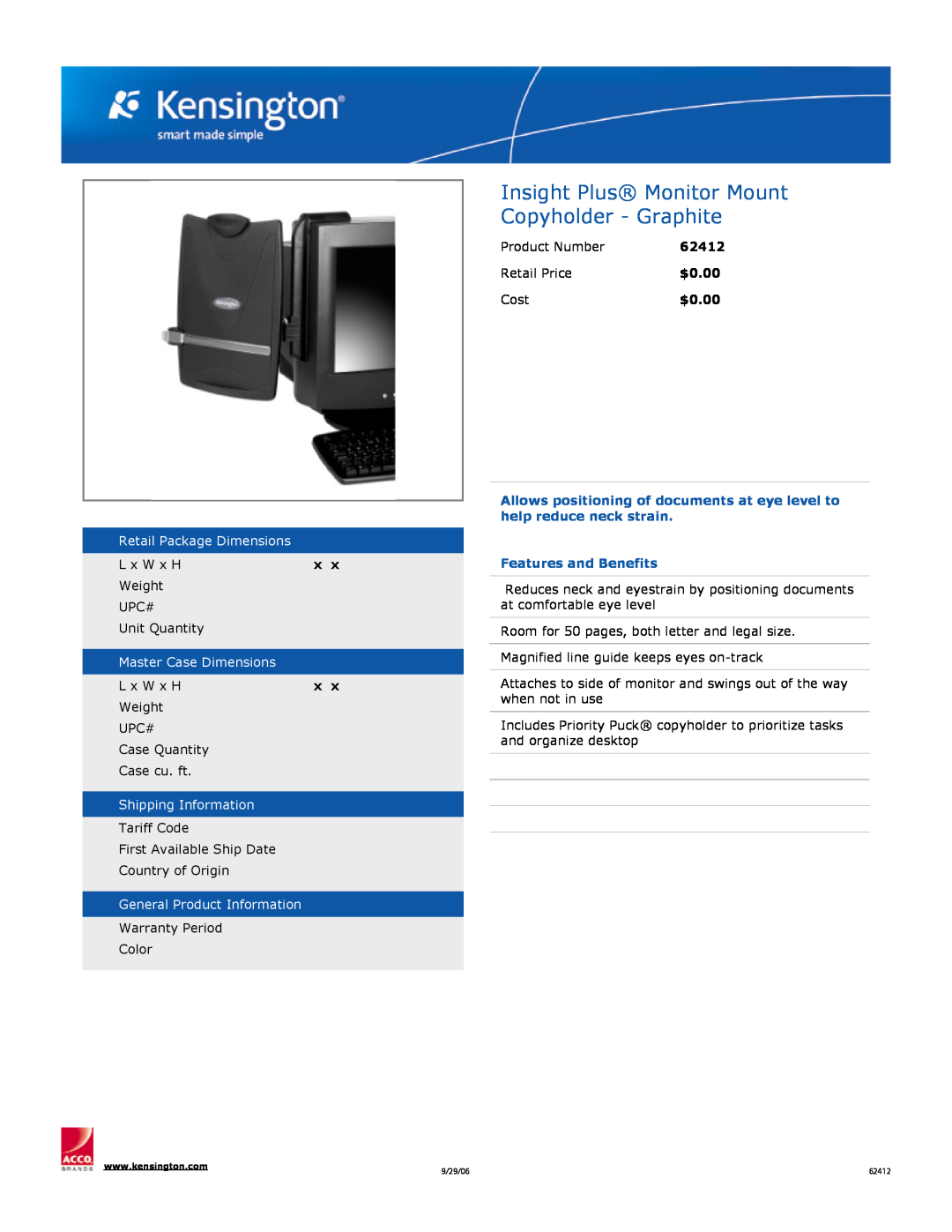 Kensington 62412 dimensions Insight Plus Monitor Mount Copyholder - Graphite, Retail Package Dimensions, $0.00 