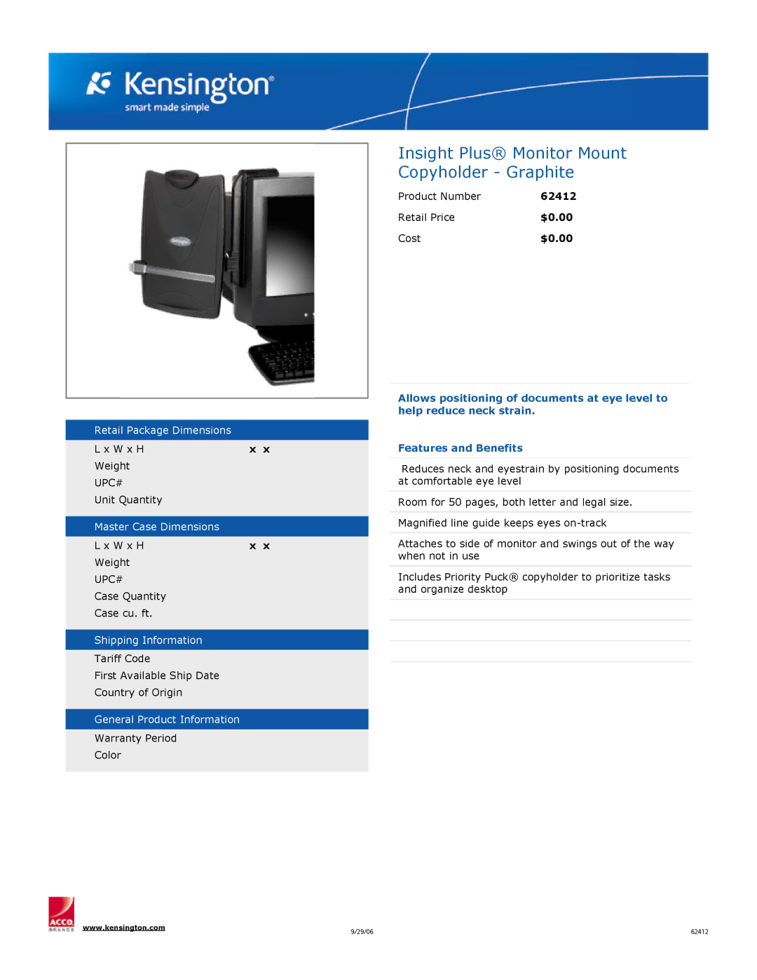 Kensington 62412 dimensions Insight Plus Monitor Mount Copyholder Graphite 