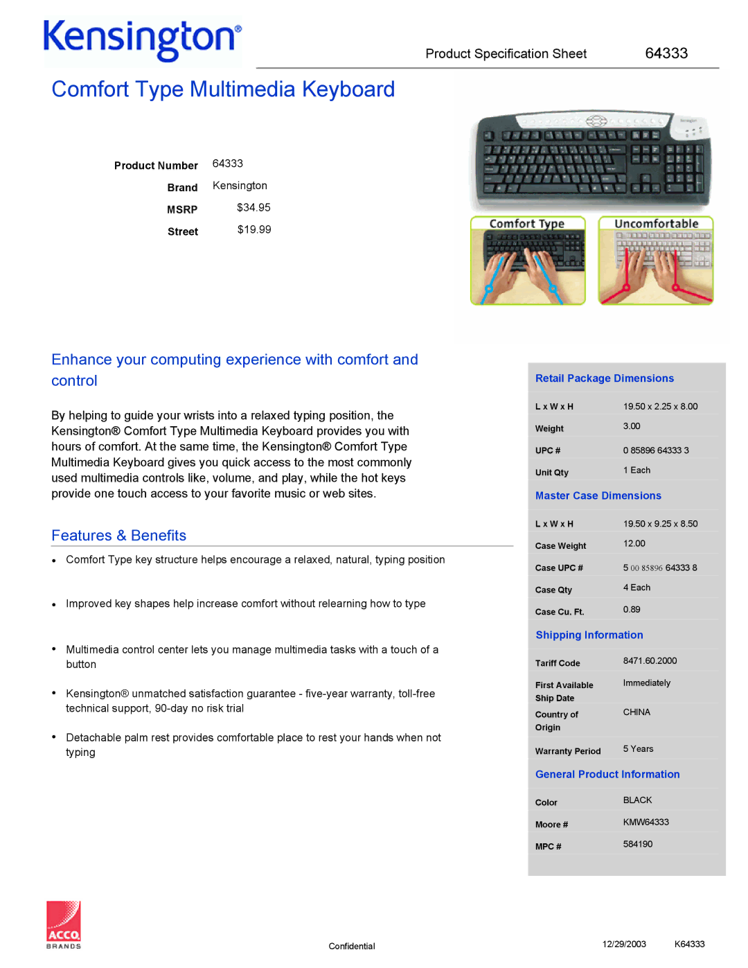 Kensington 64333 specifications Comfort Type Multimedia Keyboard, Features & Benefits 