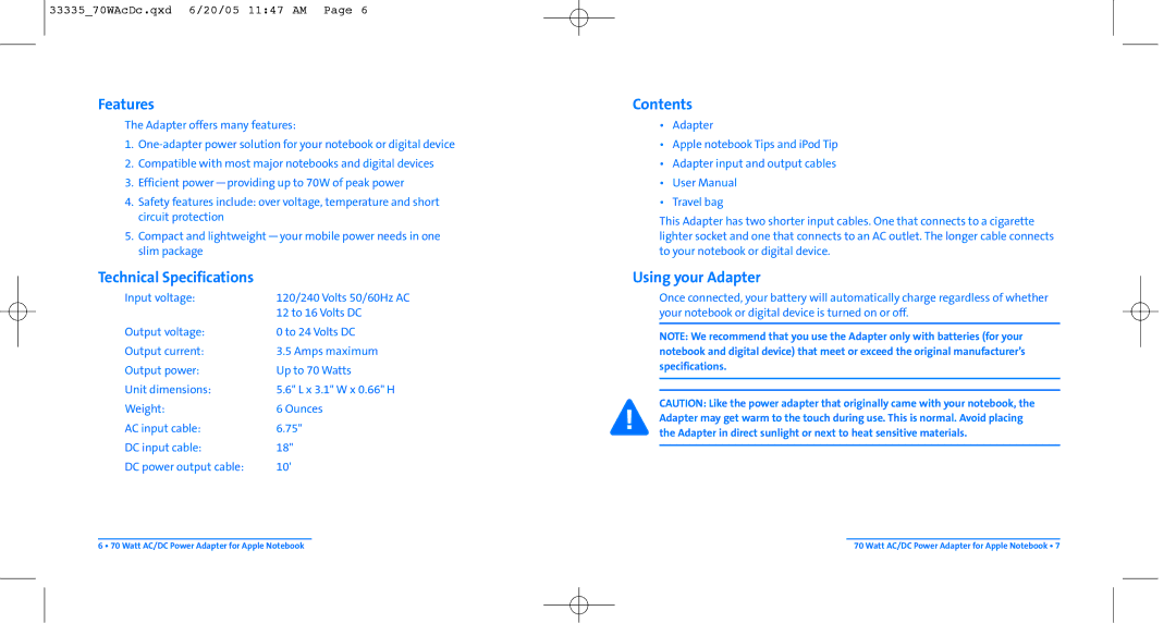 Kensington 70W user manual Features, Technical Specifications, Contents, Using your Adapter 