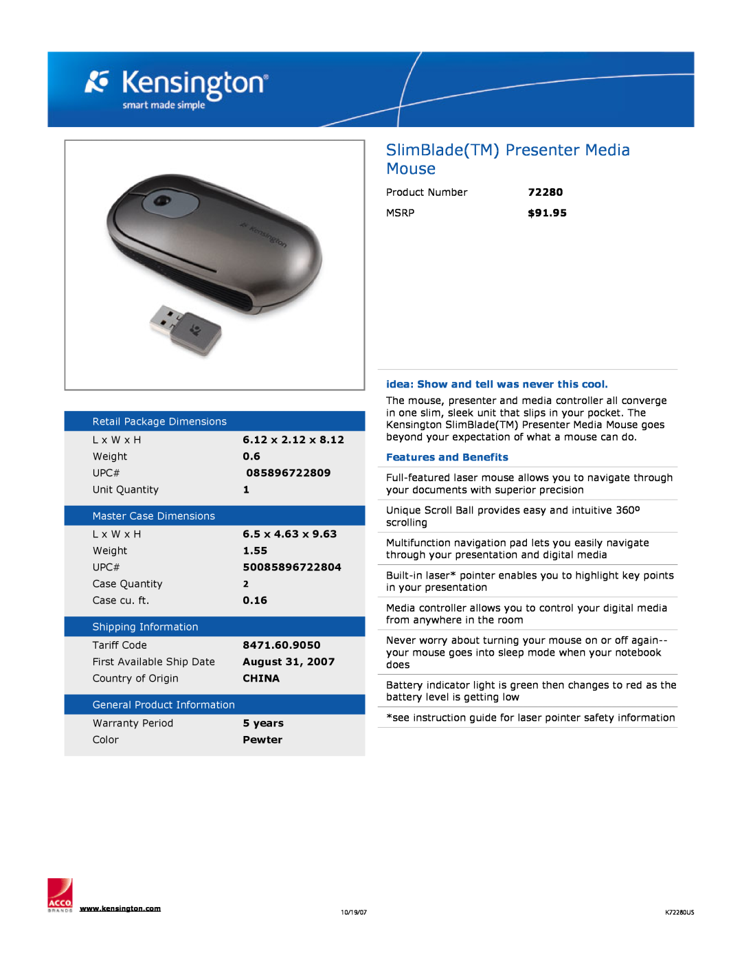 Kensington dimensions SlimBladeTM Presenter Media Mouse, Retail Package Dimensions, 6.12 x, 085896722809, 6.5 x, 0.16 