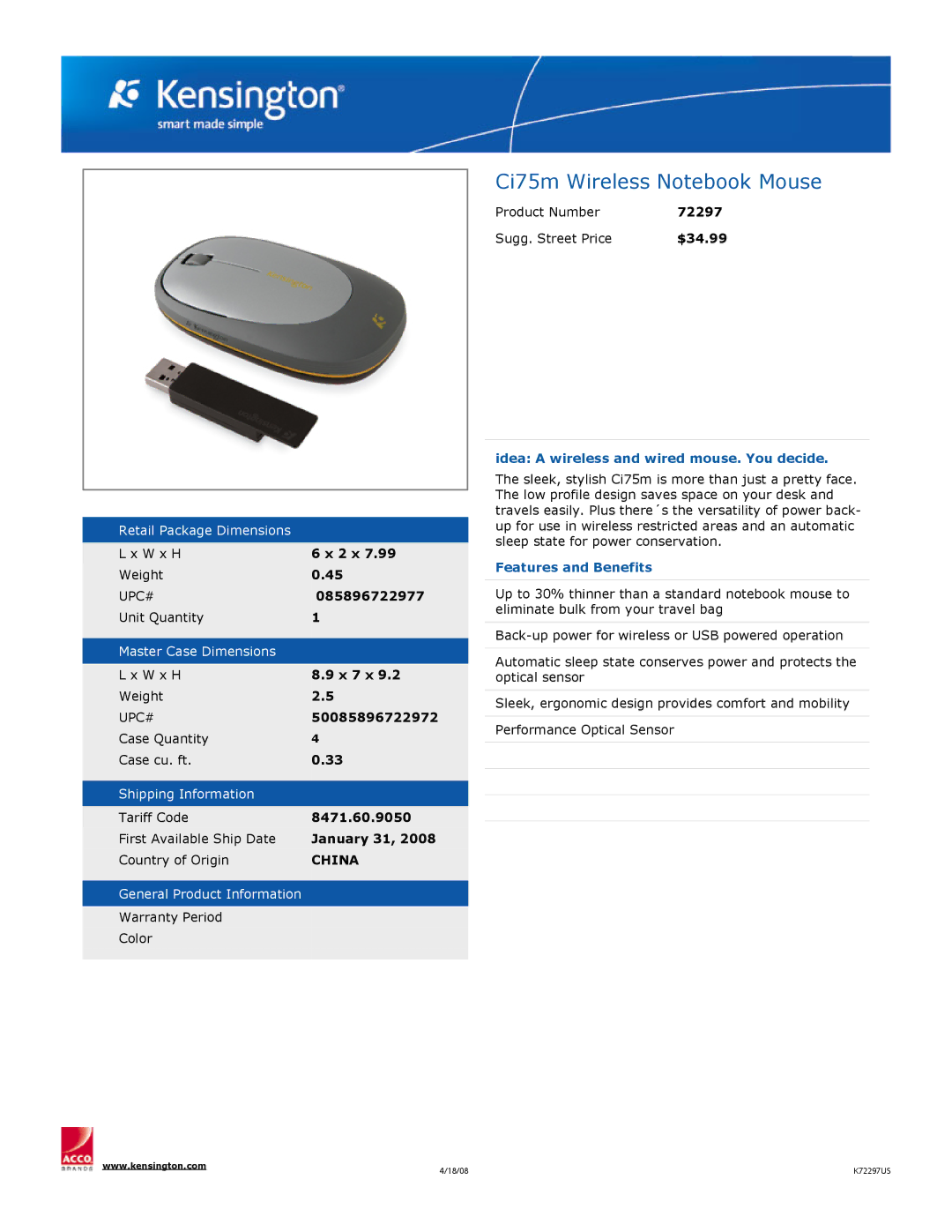 Kensington dimensions Ci75m Wireless Notebook Mouse, Idea a wireless and wired mouse. You decide, Features and Benefits 