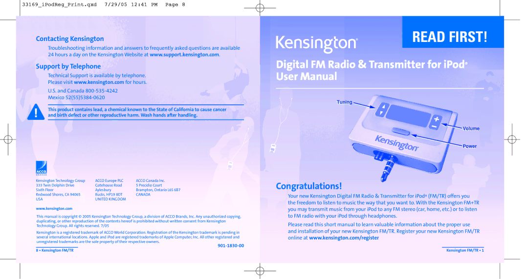 Kensington Digital FM Radio & Transmitter user manual Contacting Kensington Support by Telephone 