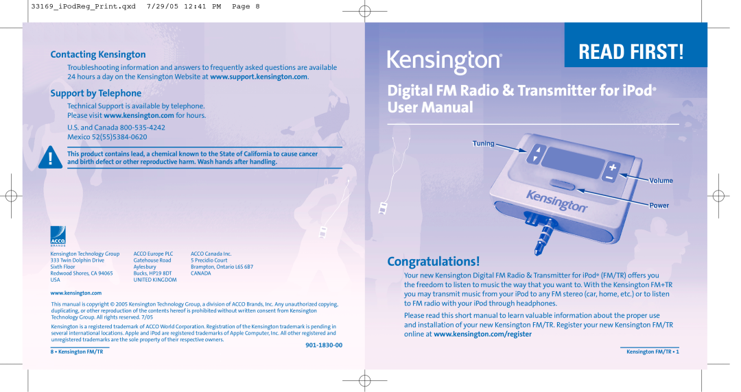 Kensington Digital FM Radio & Transmitter user manual Contacting Kensington, Support by Telephone, Read First 