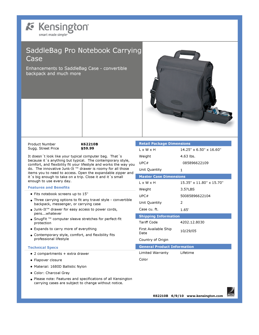 Kensington EU64325 dimensions SaddleBag Pro Notebook Carrying Case, $59.99, Features and Benefits, Technical Specs 