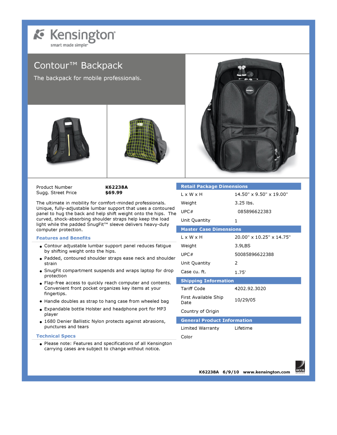 Kensington EU64325 Contour Backpack, The backpack for mobile professionals, $69.99, Features and Benefits, Technical Specs 