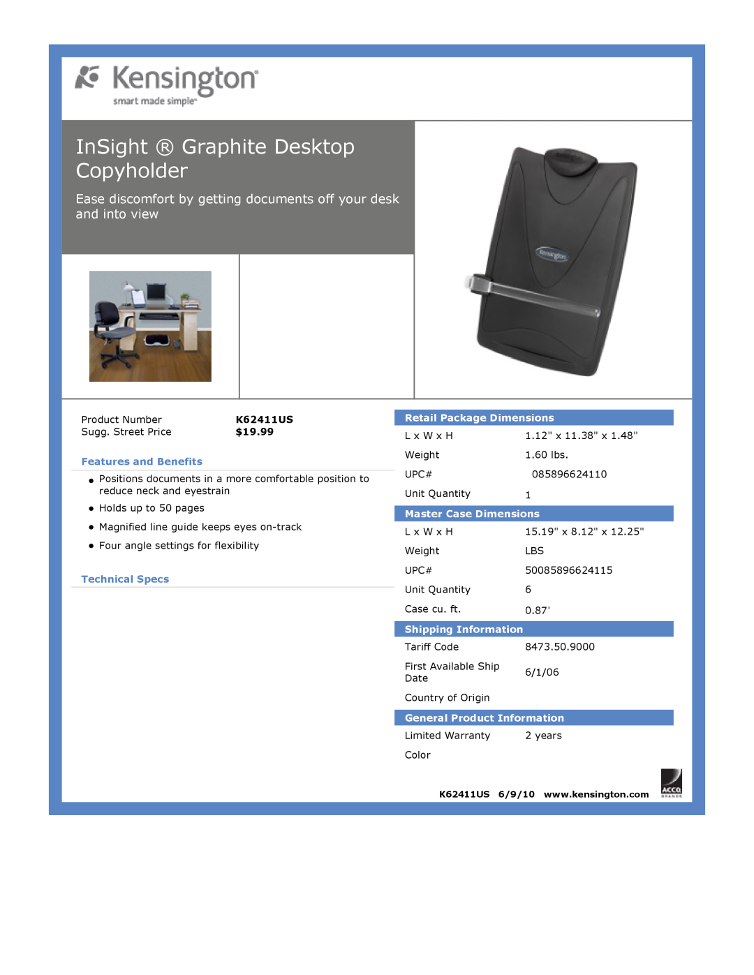 Kensington EU64325 dimensions InSight Graphite Desktop Copyholder, $19.99, Features and Benefits, Technical Specs 