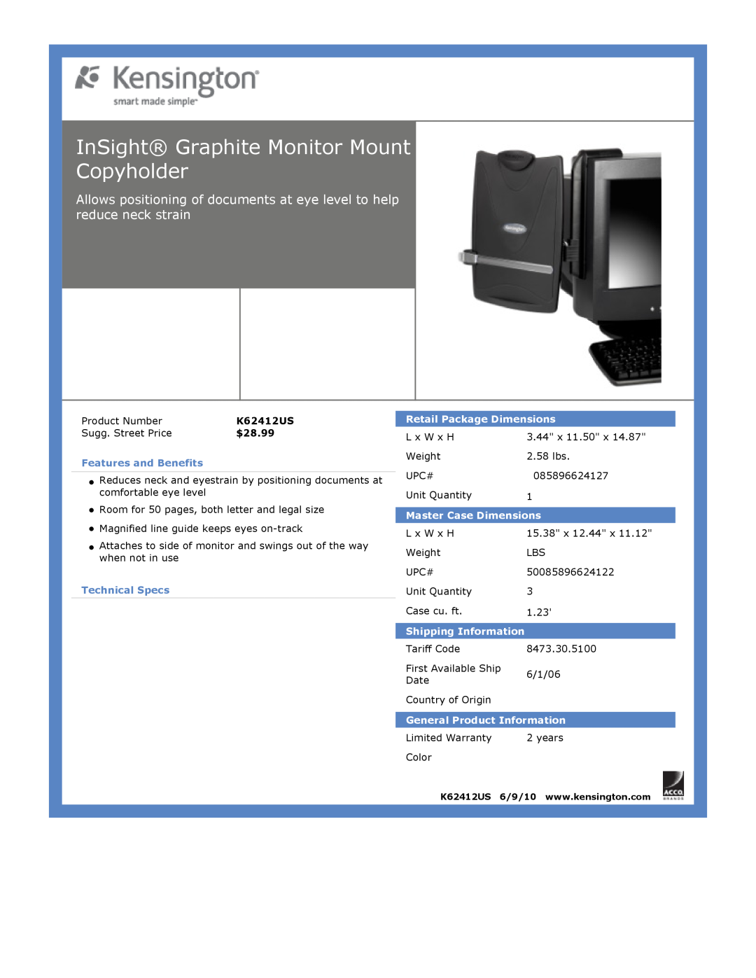 Kensington EU64325 dimensions InSight Graphite Monitor Mount Copyholder, $28.99, Features and Benefits, Technical Specs 
