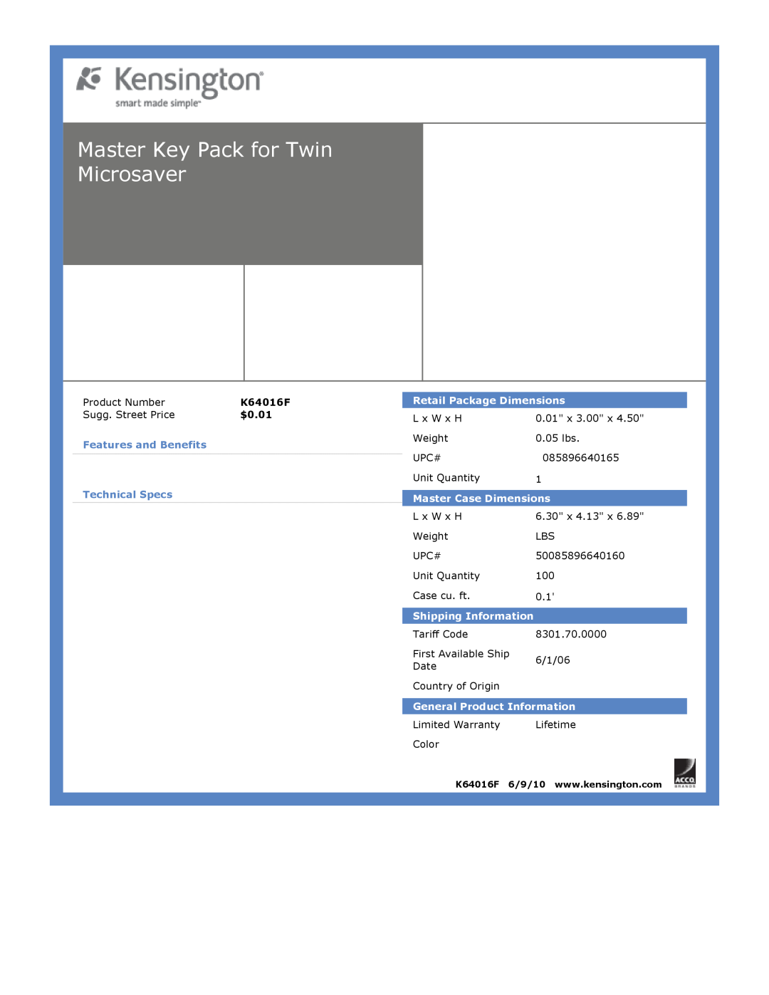 Kensington EU64325 dimensions Master Key Pack for Twin Microsaver, $0.01, Features and Benefits Technical Specs 
