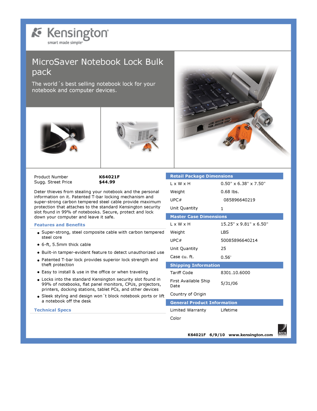 Kensington EU64325 dimensions MicroSaver Notebook Lock Bulk pack, $44.99, Features and Benefits, Technical Specs 