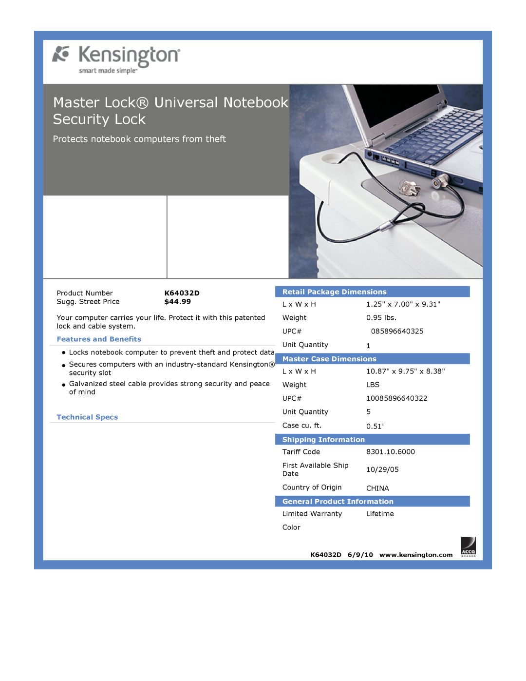 Kensington EU64325 dimensions Master Lock Universal Notebook Security Lock, Protects notebook computers from theft, $44.99 