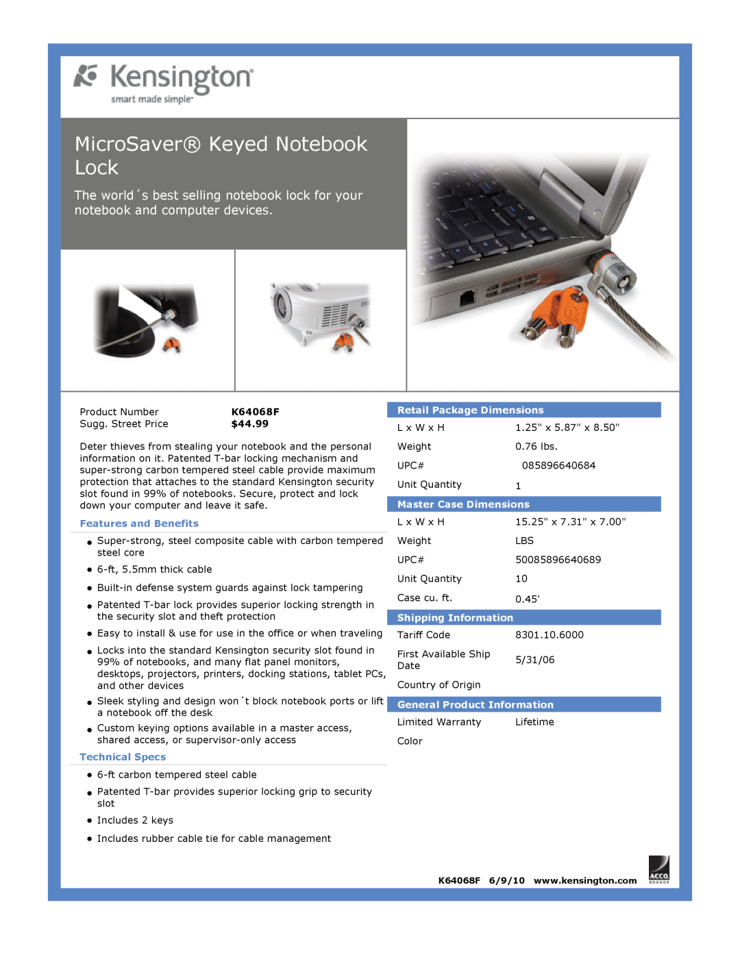 Kensington EU64325 MicroSaver Keyed Notebook Lock, $44.99, Features and Benefits, Technical Specs, Master Case Dimensions 