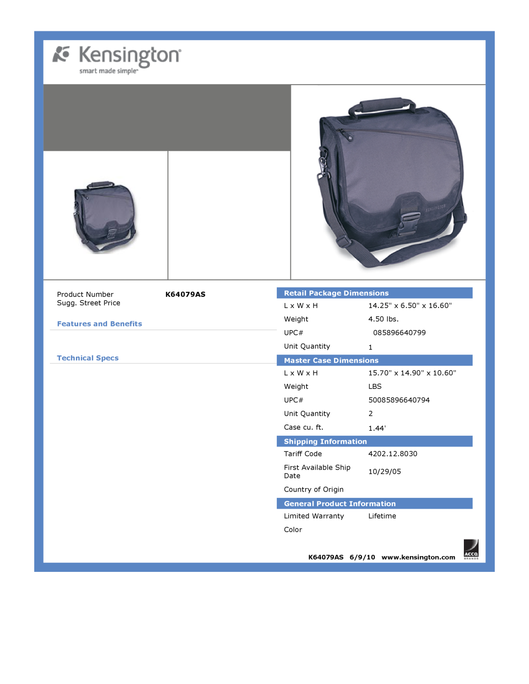 Kensington EU64325 K64079AS, Retail Package Dimensions, Features and Benefits, Technical Specs, Master Case Dimensions 