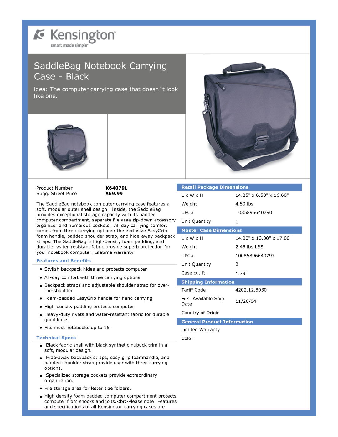 Kensington EU64325 dimensions SaddleBag Notebook Carrying Case - Black, $69.99, Features and Benefits, Technical Specs 