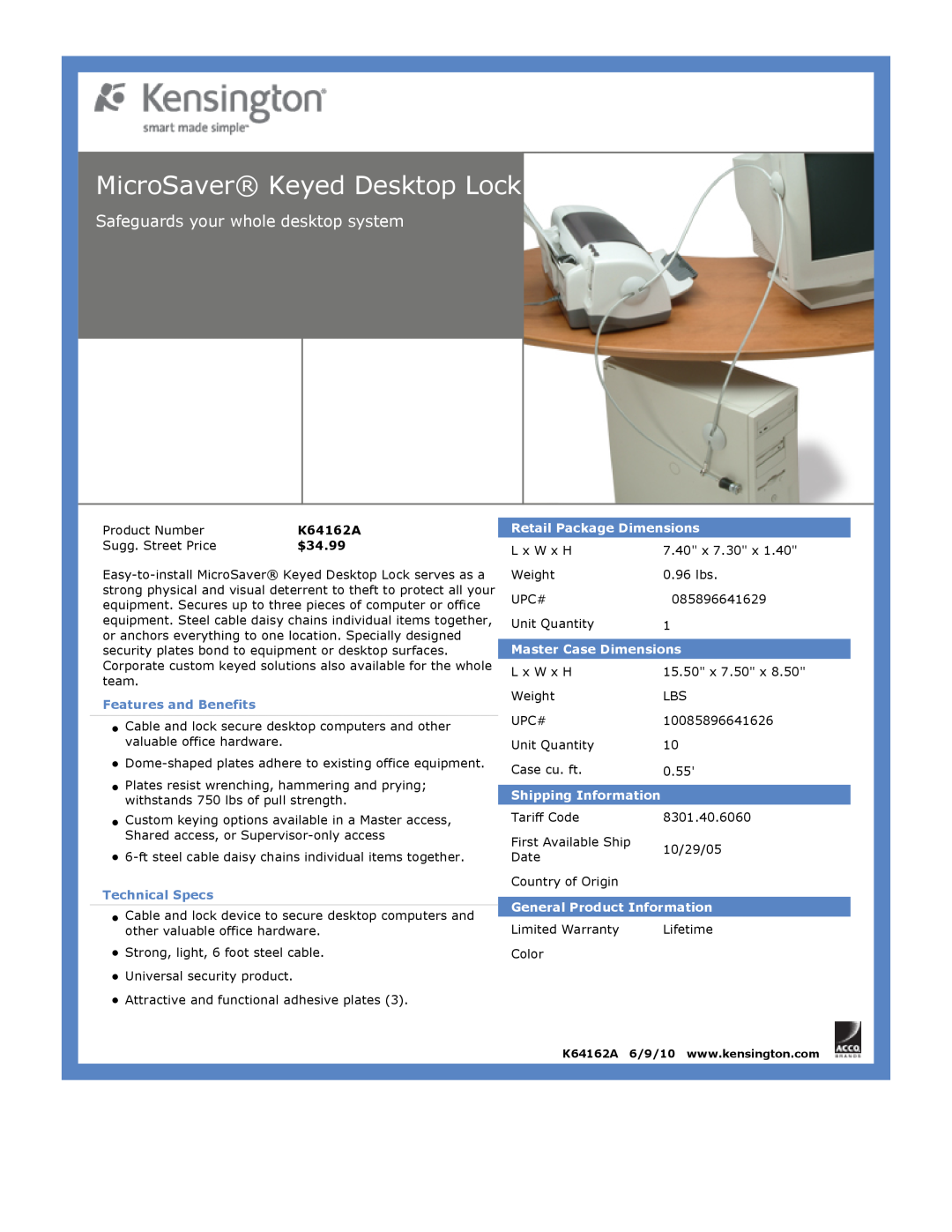 Kensington EU64325 MicroSaver Keyed Desktop Lock, Safeguards your whole desktop system, $34.99, Features and Benefits 
