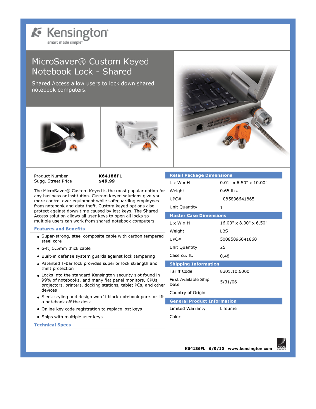 Kensington EU64325 MicroSaver Custom Keyed Notebook Lock - Shared, $49.99, Features and Benefits, Technical Specs 