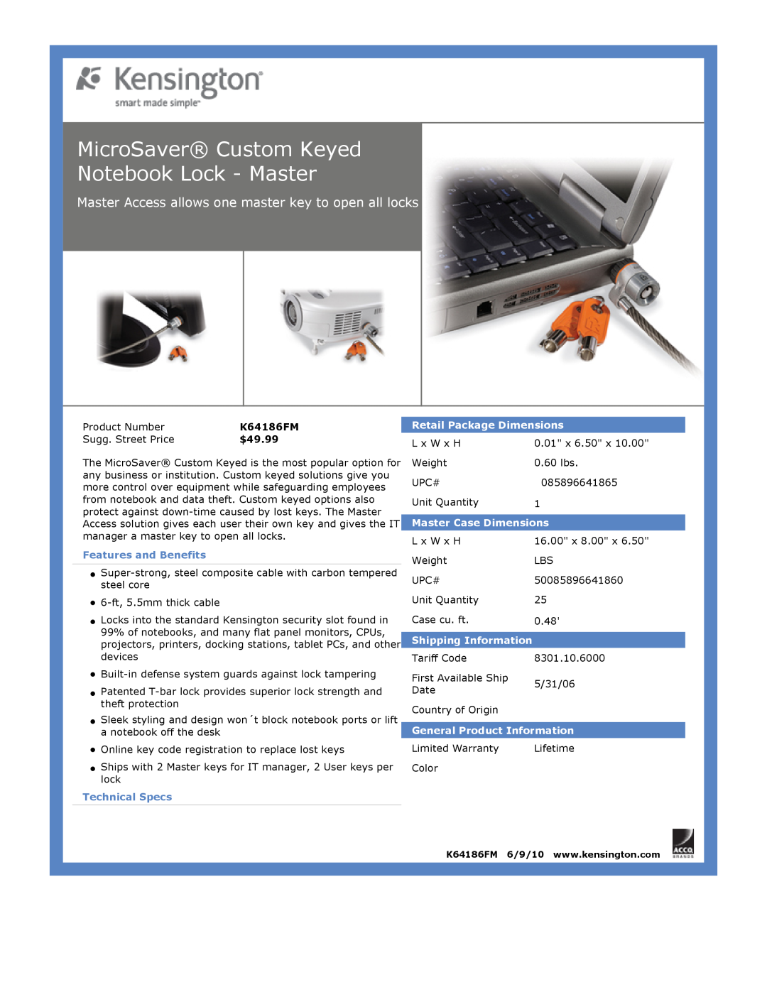 Kensington EU64325 MicroSaver Custom Keyed Notebook Lock - Master, $49.99, Features and Benefits, Technical Specs 