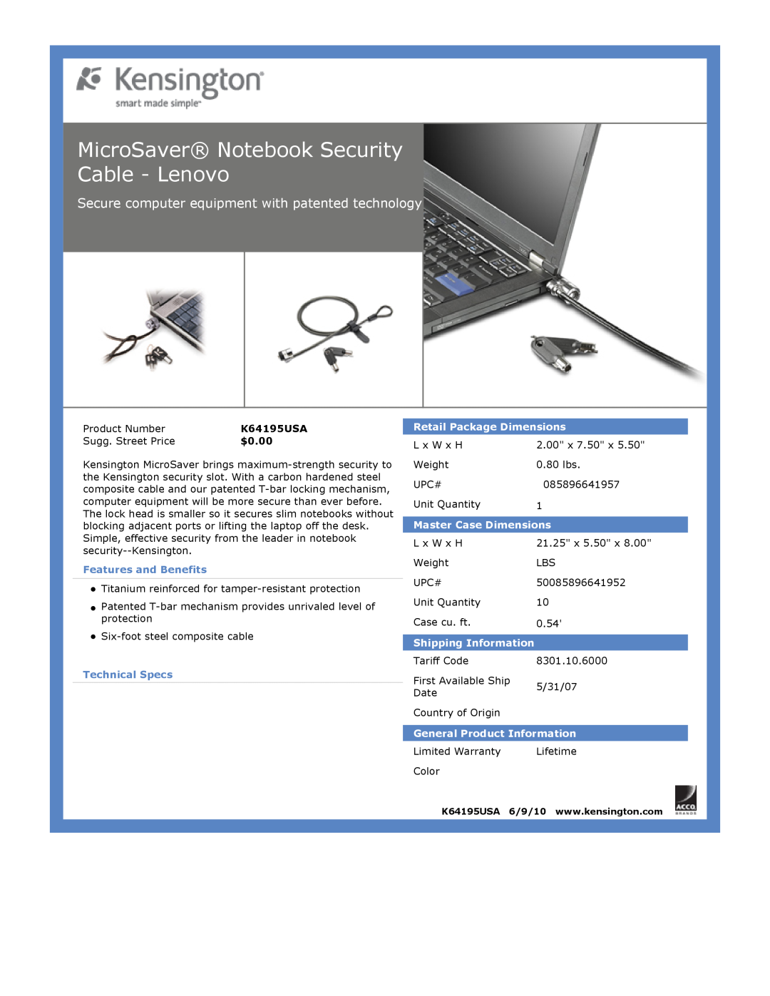 Kensington EU64325 dimensions MicroSaver Notebook Security Cable - Lenovo, $0.00, Features and Benefits, Technical Specs 