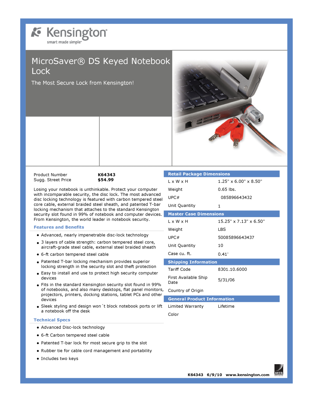 Kensington EU64325 MicroSaver DS Keyed Notebook Lock, The Most Secure Lock from Kensington, $54.99, Features and Benefits 