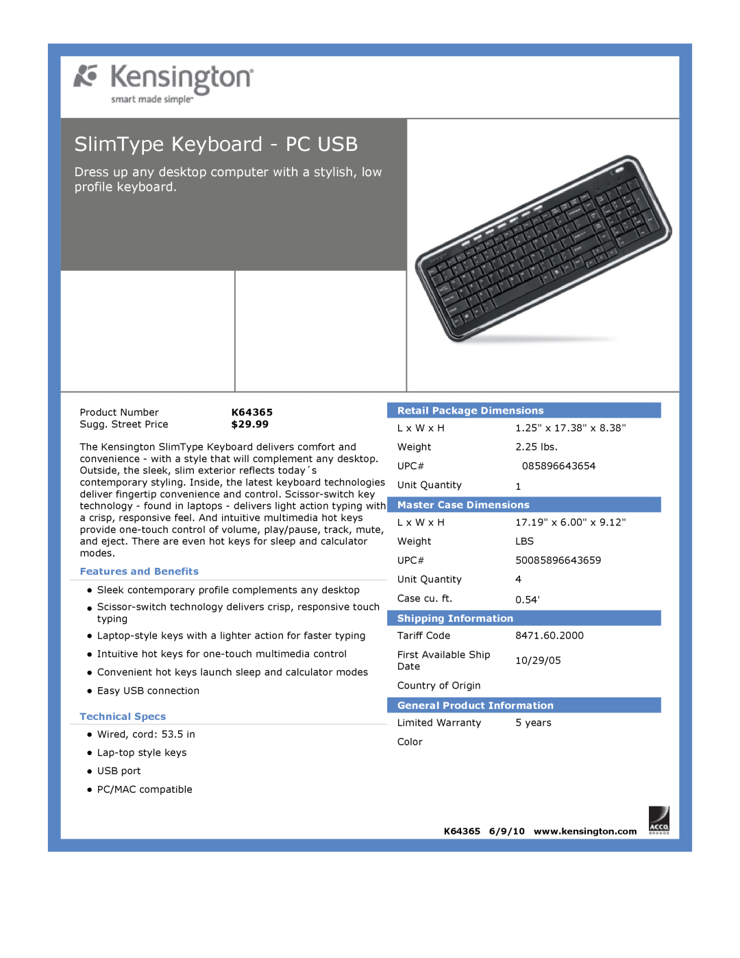 Kensington EU64325 SlimType Keyboard - PC USB, $29.99, Features and Benefits, Technical Specs, Retail Package Dimensions 
