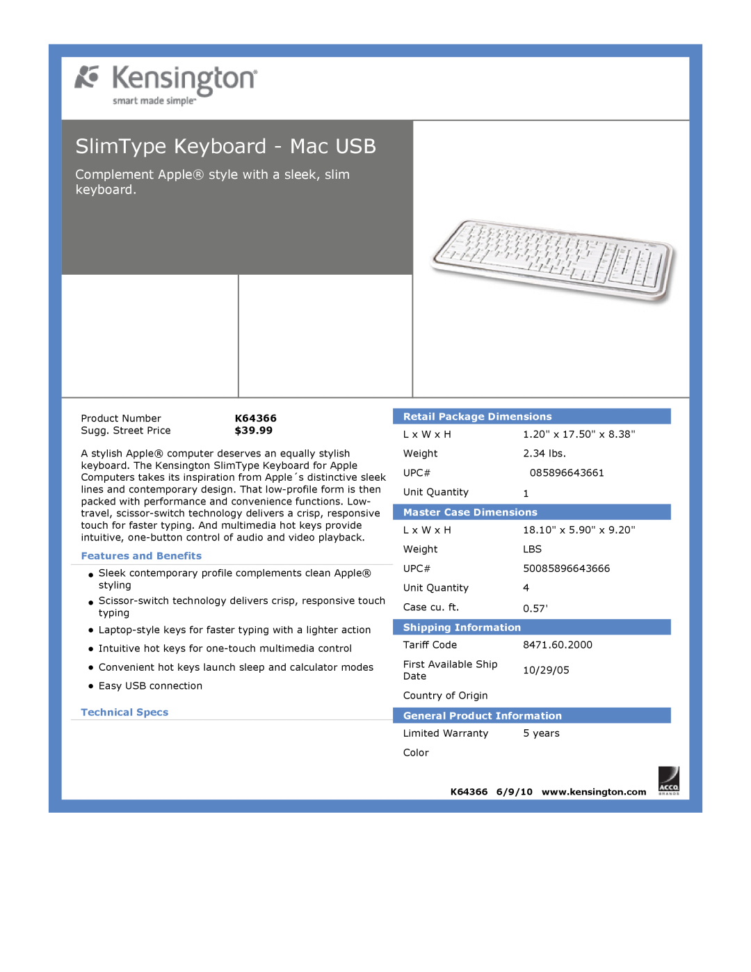 Kensington EU64325 SlimType Keyboard - Mac USB, $39.99, Features and Benefits, Technical Specs, Retail Package Dimensions 
