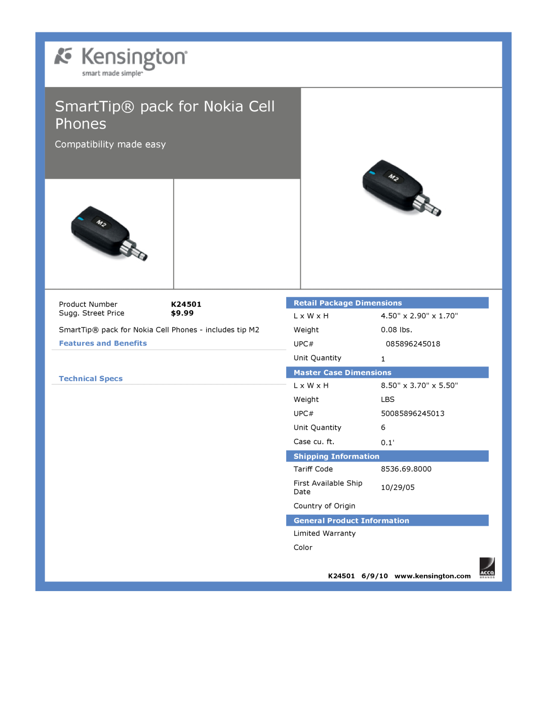 Kensington EU64325 SmartTip pack for Nokia Cell Phones, Compatibility made easy, $9.99, Retail Package Dimensions 